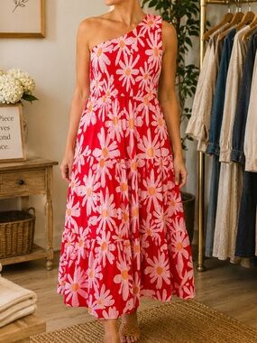 Red & Pink Daisy One-Shoulder Maxi Dress Size M